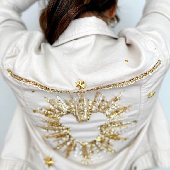 Handmade Upcycled Disney Jean Jacket sz S Sequin Embellished Mickey Denim Gold - Picture 5 of 10